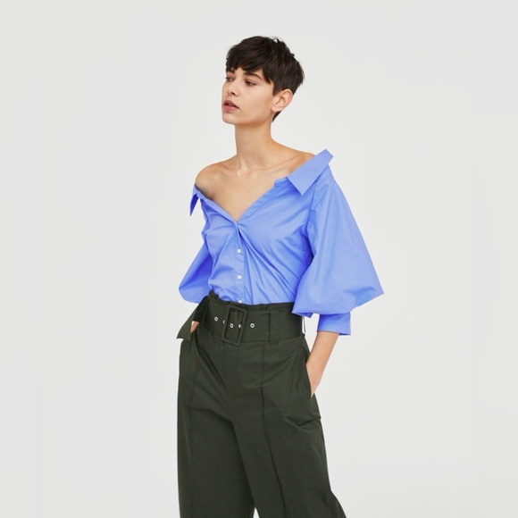 Zara Blue Off Shoulder Puff Sleeve Top medium - Picture 2 of 9